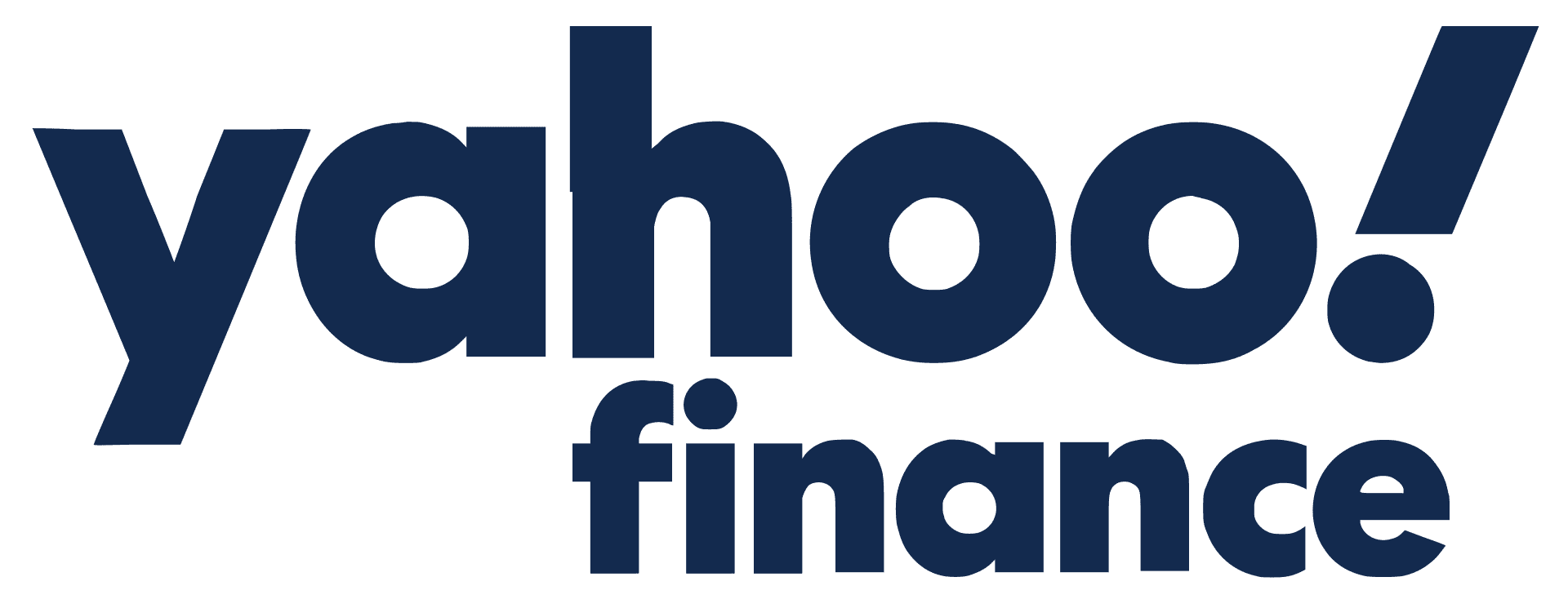 Logo displaying "Yahoo! Finance" in bold navy blue letters on a transparent background.